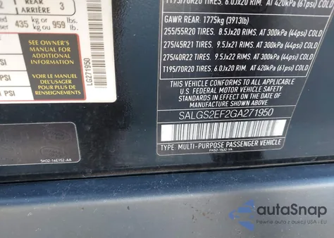 2016 Land Rover Range Rover 5.0L V8 Supercharged z USA, uszkodzony, nr VIN SALGS2EF2GA271950